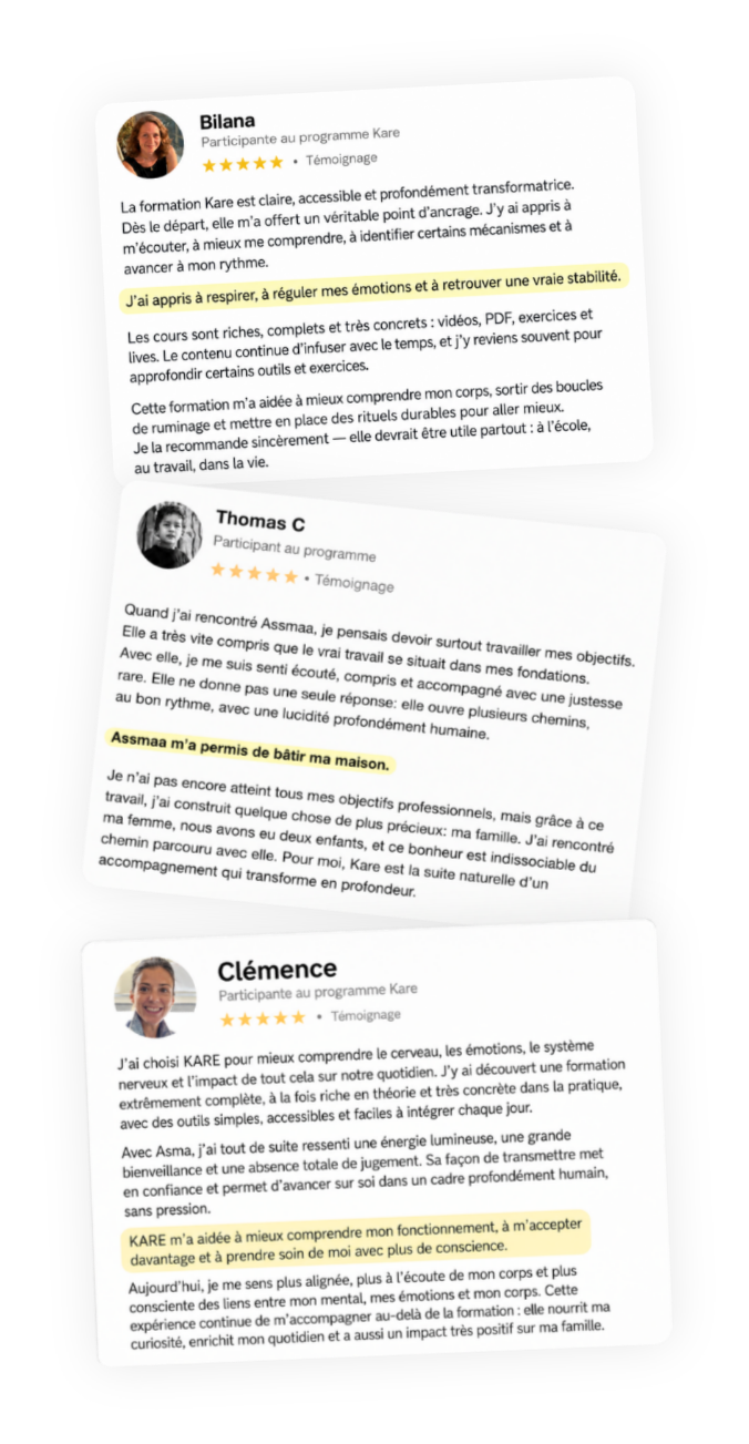 Avis de Bilana, Thomas et Clémence, personnes accompagnées par Asma dans le programme KARE